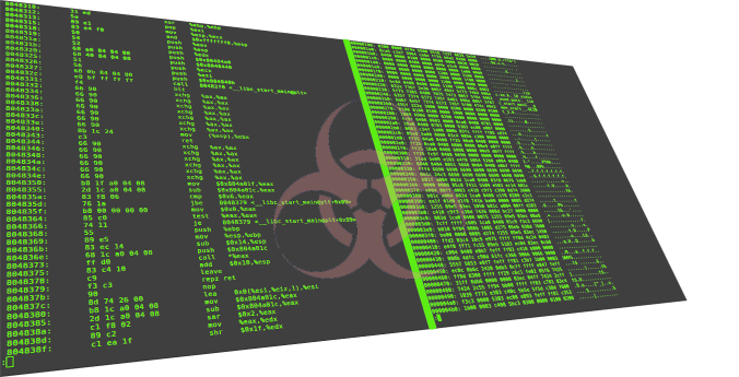 Biohazard symbol overlayed on some assembly code